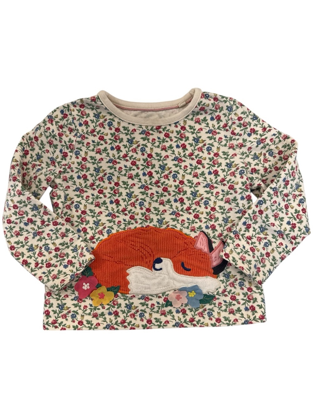 Mini Boden Cream Floral Long-Sleeve Tee with Orange Fox Applique - Picture 3 of 9